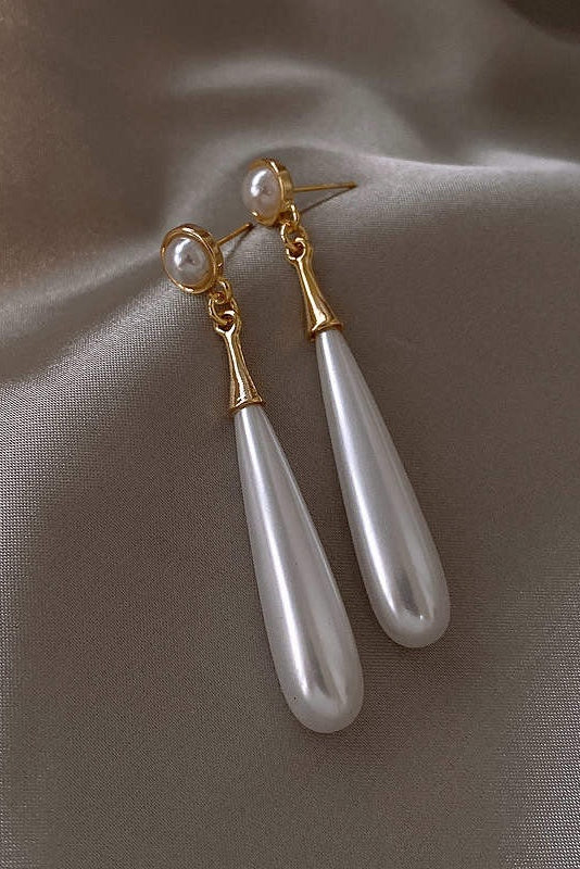 Small Round Pearl Top Teardrop Pearl Long Drop Gold Earrings