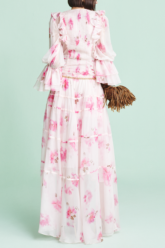kimberley pink v-neck floral print printed maxi dress