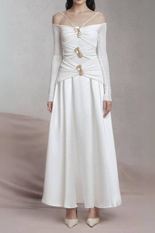 white A-line Cold Shoulder Sleeved Spandex Taffeta Maxi Dress