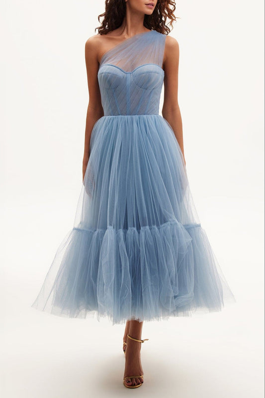Light Blue One-Shoulder Cocktail Tulle Dress