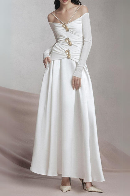 white A-line Cold Shoulder Sleeved Spandex Taffeta Maxi Dress