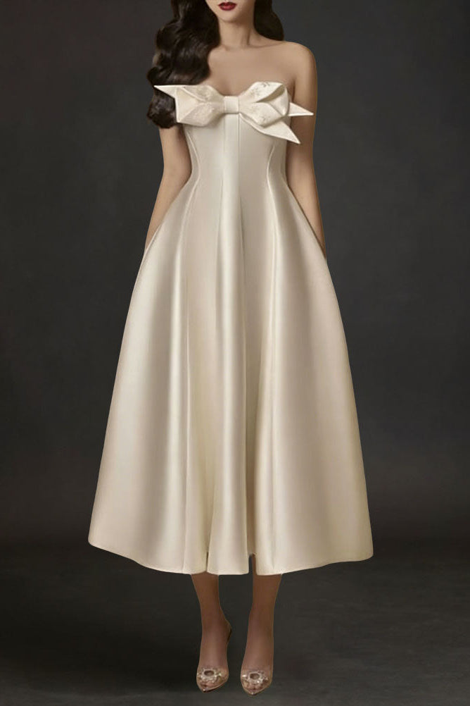 BEIGE FLARED SEMI-HEART NECK TAFFETA MIDI DRESS