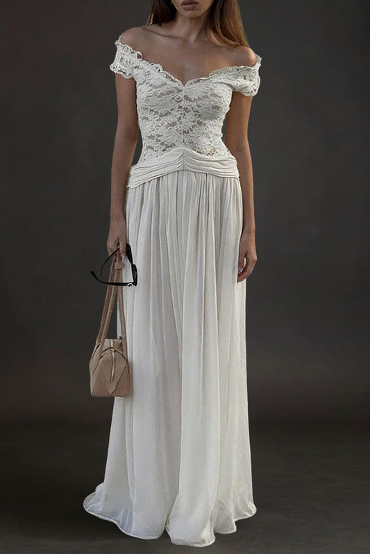 New winter style sheer V-neck lace-trimmed maxi dress