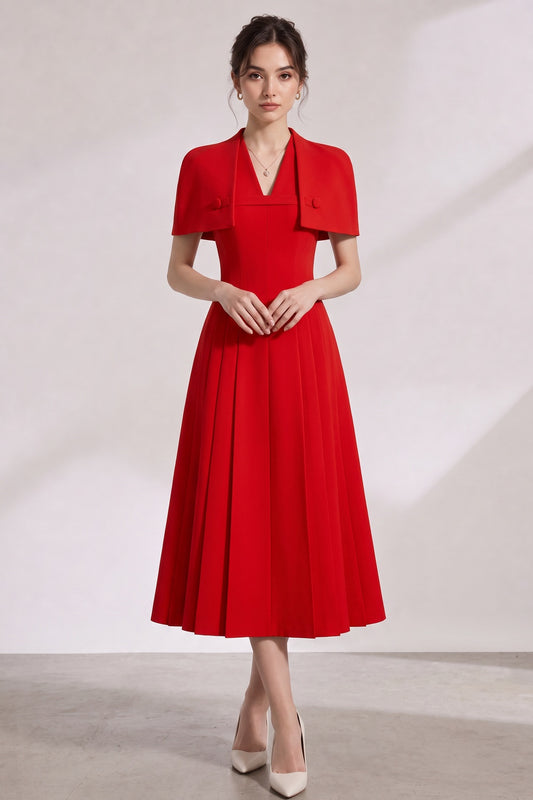 Red Structured Crepe Fit-and-Flare Midi Dress with Capelet red structured crepe midi dress with capelet - product view 1
