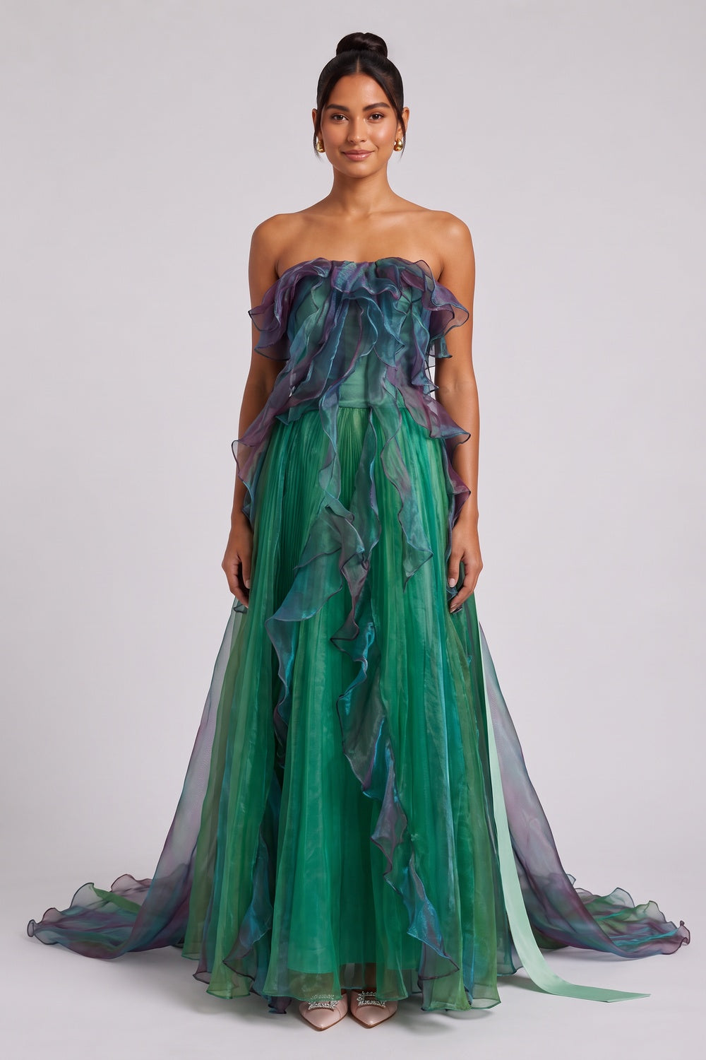 Emerald Green Sheer Organza A-Line Gown with Iridescent Ruffles emerald green, forest green sheer organza gown - product view 1