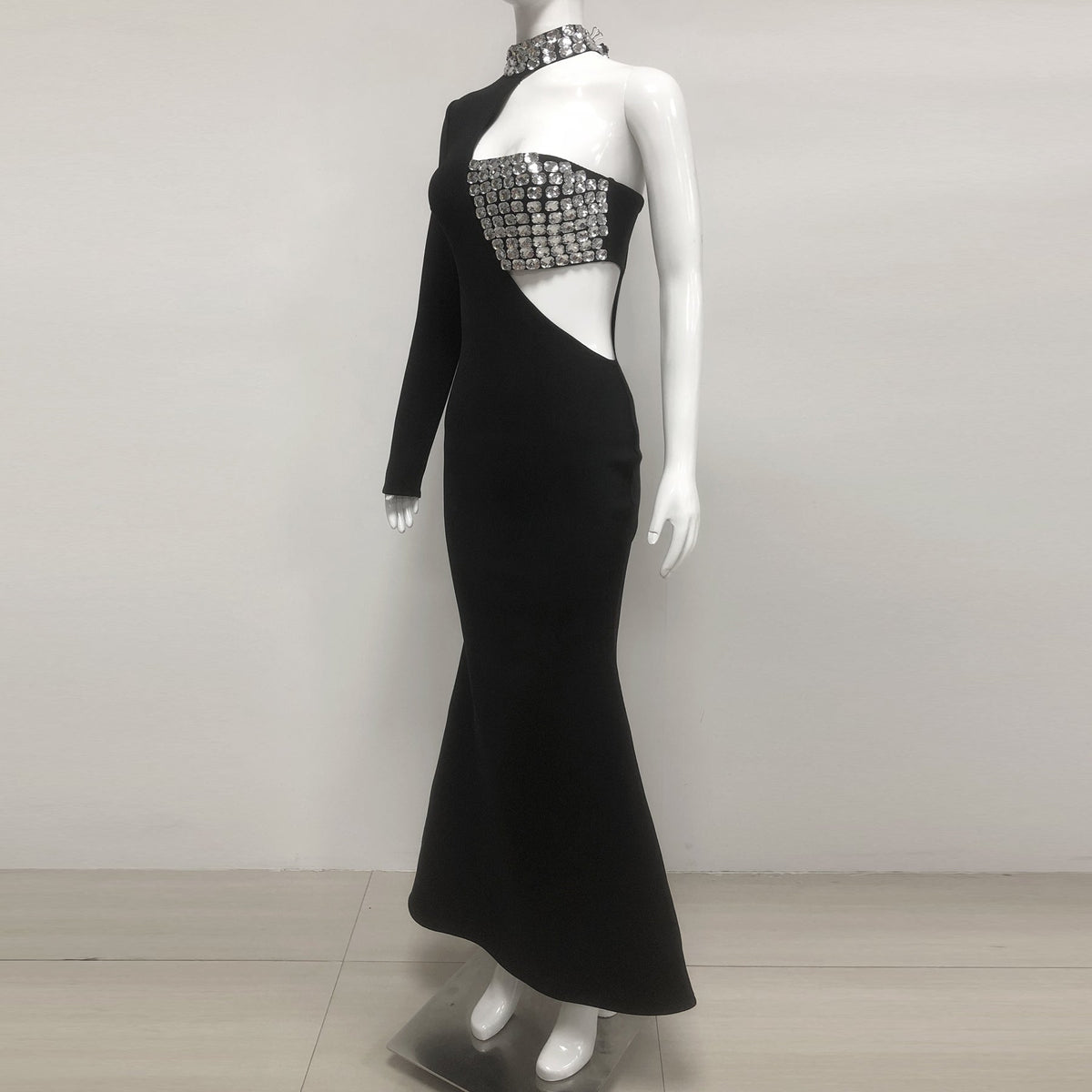 crystal embellished One-Sleeve Cut-Out Maxi Dress in black