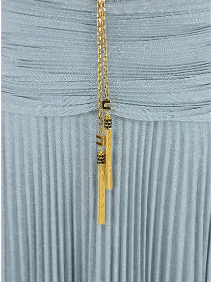meroy Deep V puff sleeve pleated maxi dress in pale blue
