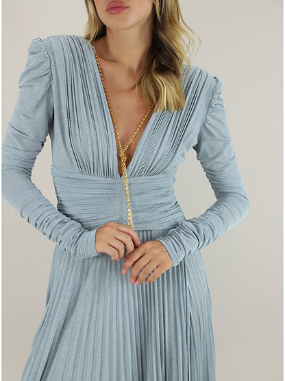 meroy Deep V puff sleeve pleated maxi dress in pale blue