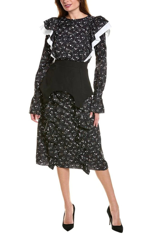 sebastiane floral print Ruffle Trim Midi Dress in black
