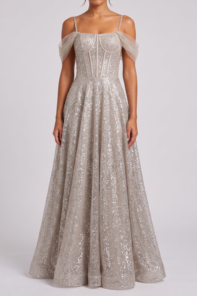 champagne sequined tulle A-line evening gown champagne, silver sequined tulle evening gown - product view 1