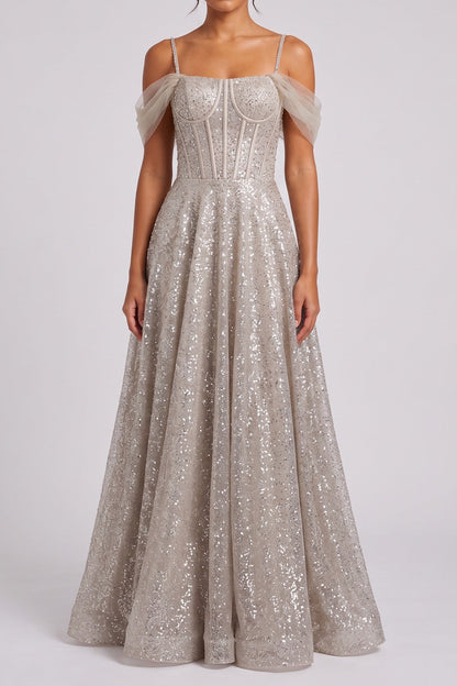 champagne sequined tulle A-line evening gown champagne, silver sequined tulle evening gown - product view 1