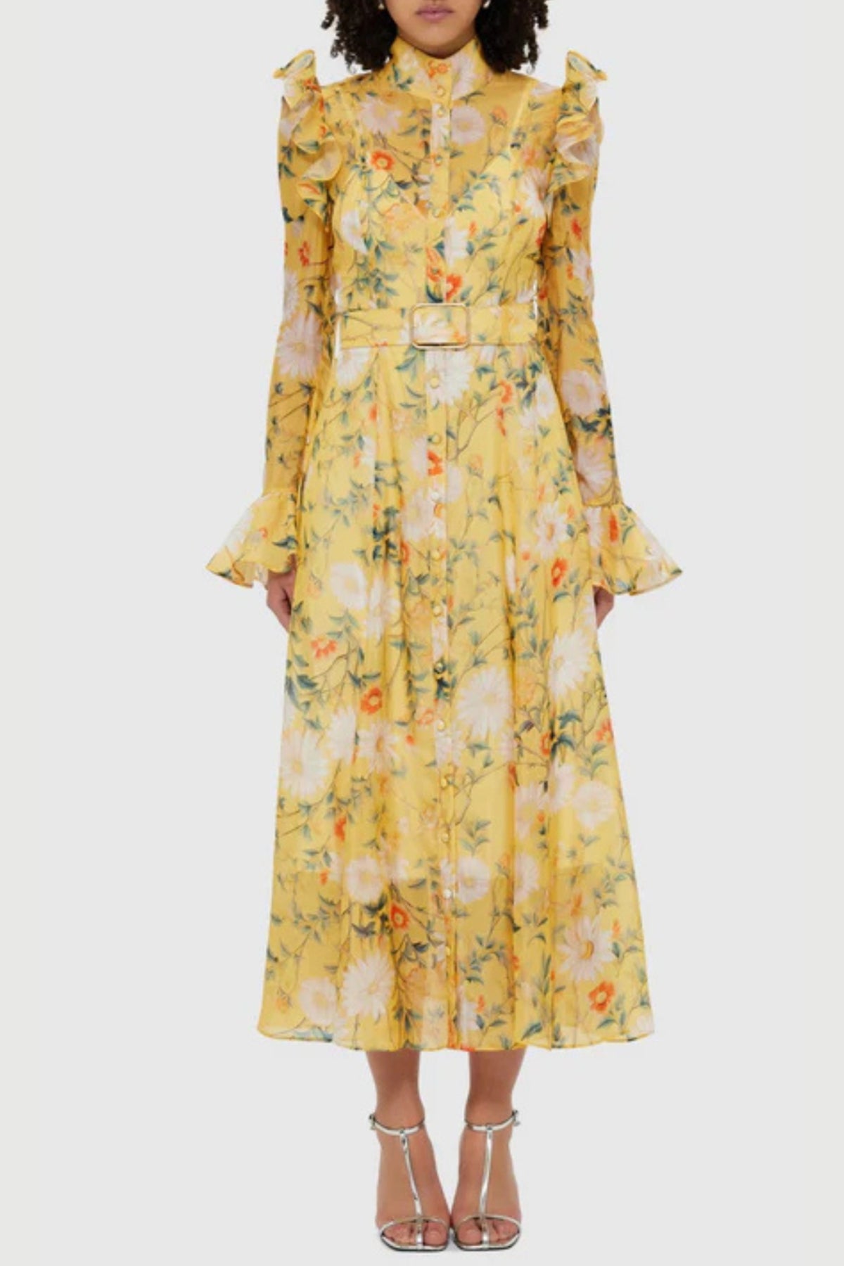 Daisy Print Butterfly Sleeve Midi Dress in yellow