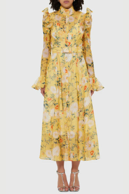 Daisy Print Butterfly Sleeve Midi Dress in yellow