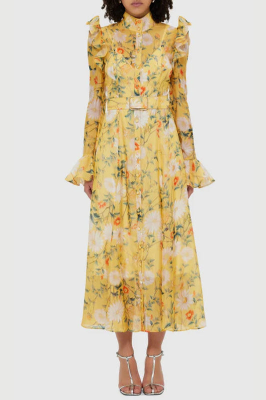 Daisy Print Butterfly Sleeve Midi Dress in yellow
