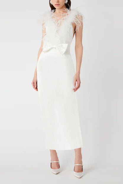 Feather bow backless midi dresses in white