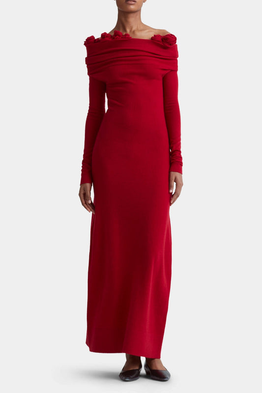 off-shoulder floral embellished ruched maxi dress in red