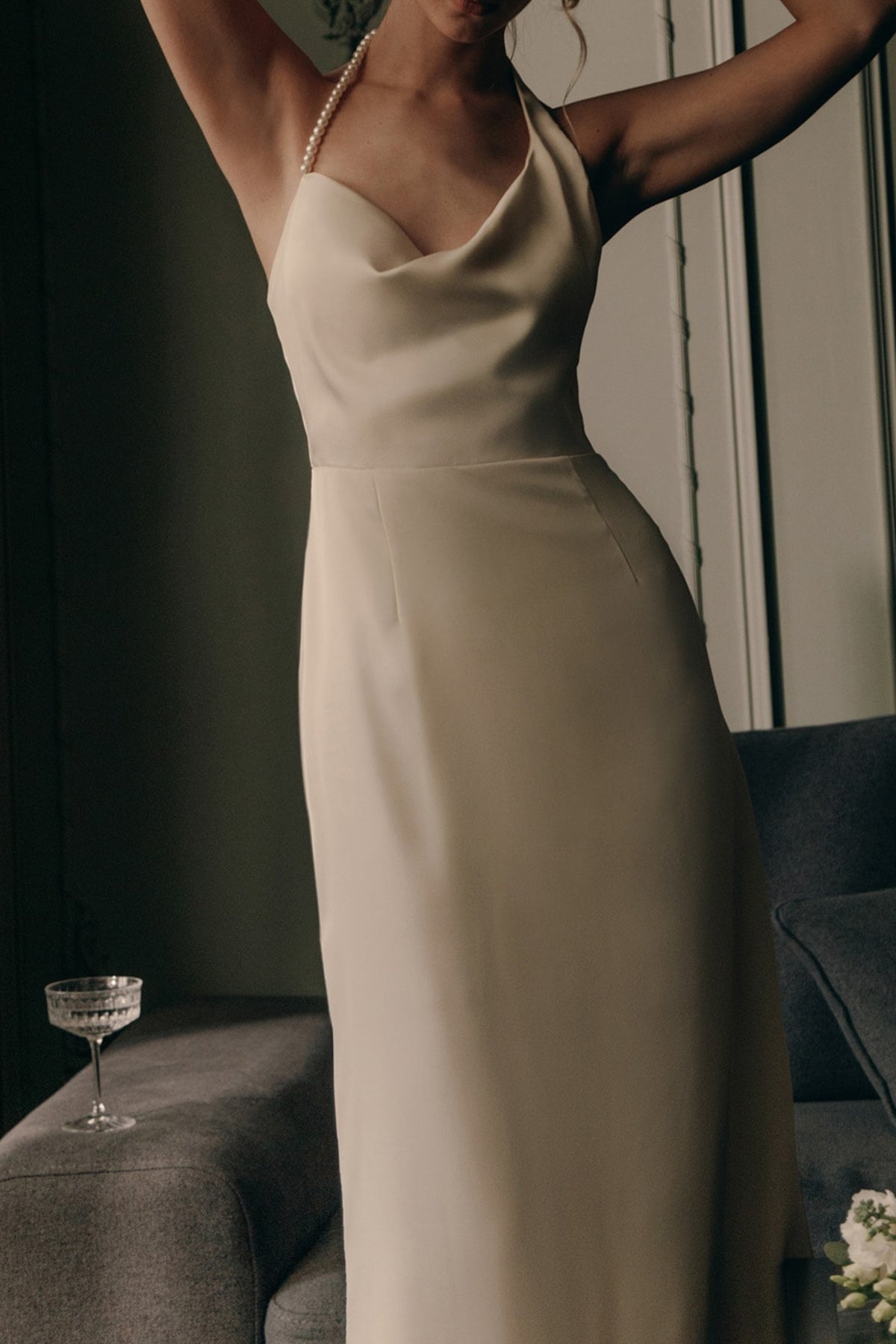 Satin midi dress with pearl halter