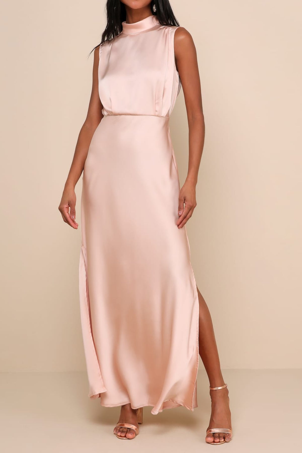 Blush Satin Sleeveless Mock Neck Maxi Dress