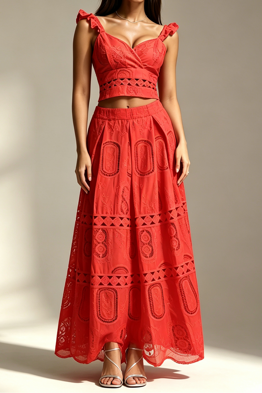 Red Ruffle Spaghetti Strap V Neck Cutout Eyelet Crop Top High Waist Tiered Maxi Skirt 2 Piece Outfit