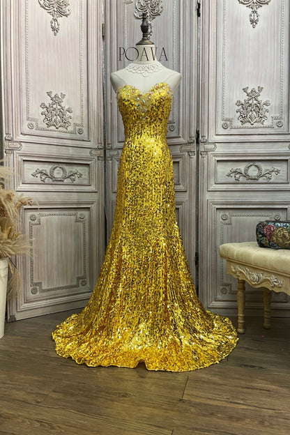 Embellished Sequin Strapless Maxi Dress In Gold