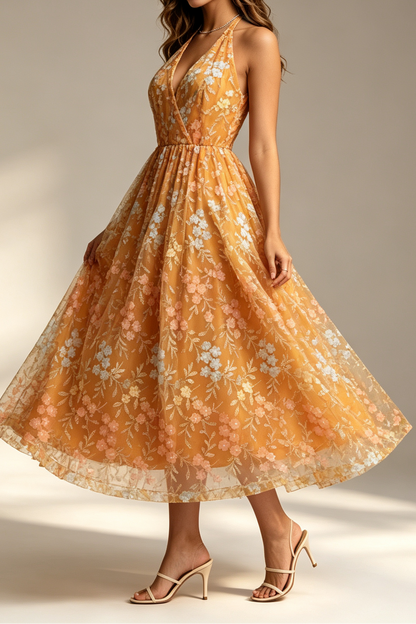 Mustard Halter Neck Sleeveless 3D Floral Embroidery Sheer Tulle Flared Midi Dress