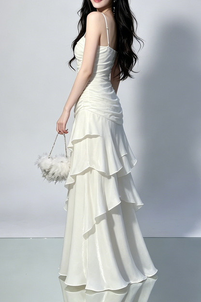 Side Ruched Tiered Ruffle Satin Spaghetti Strap Maxi Dress
