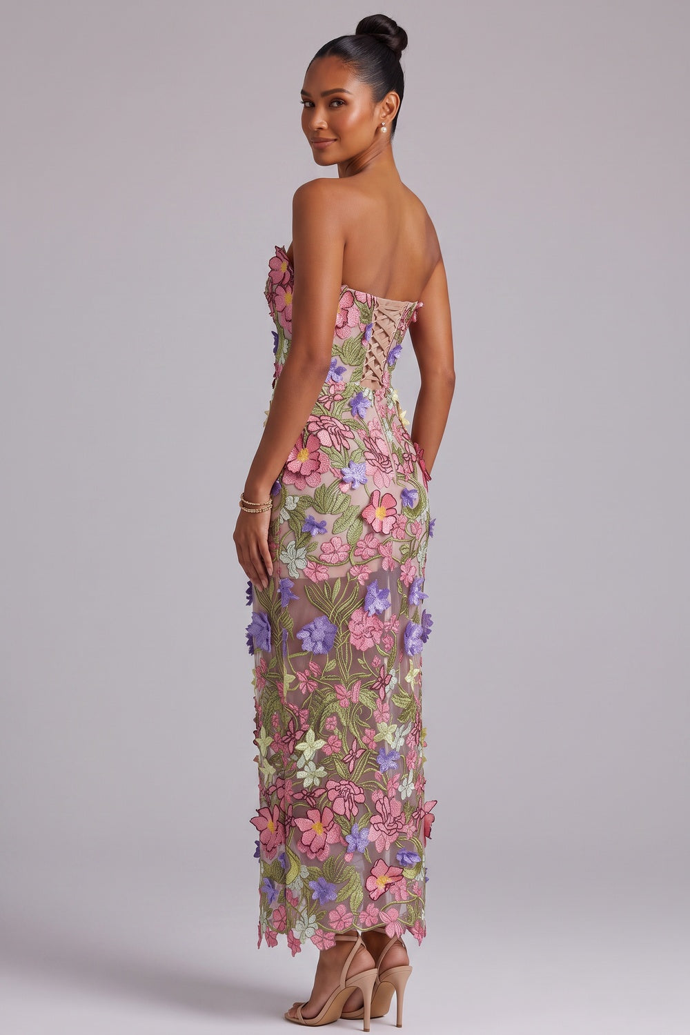 3D Floral Appliqué Strapless Maxi Dress Premium Fabric - product view 1