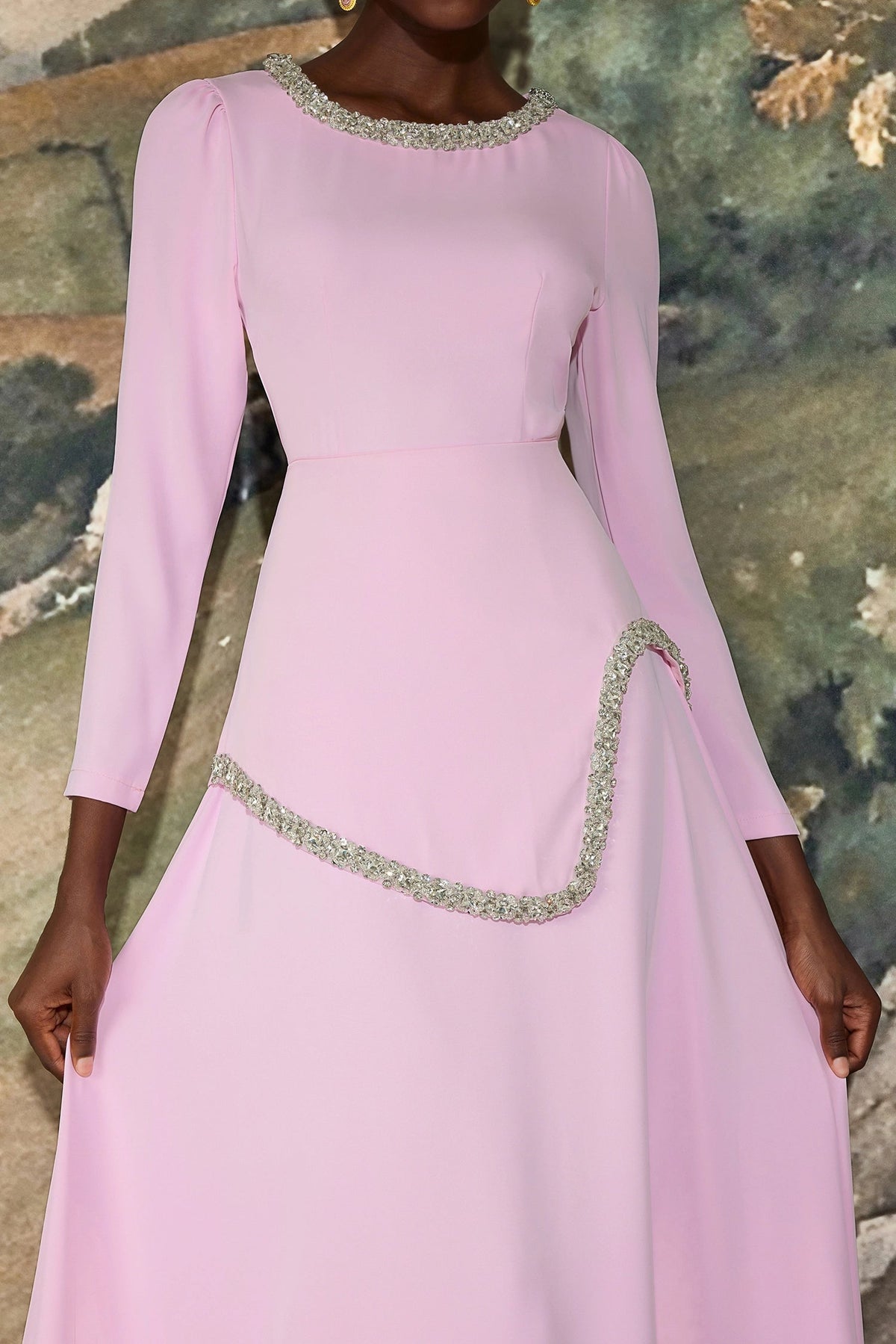damla Rhinestone embellished Long Sleeve Midi Dress - pink