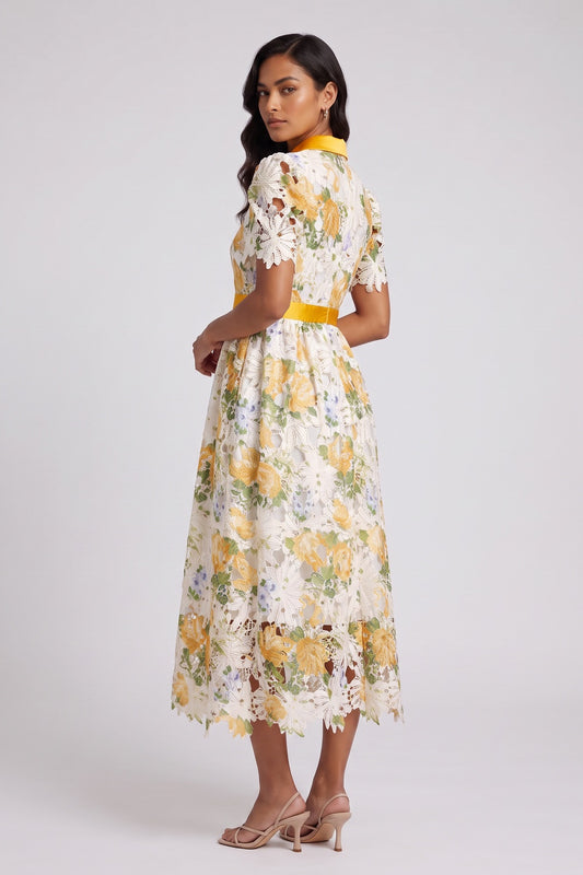 White Guipure Floral Lace A-Line Midi Dress with Yellow Satin Accents white, yellow guipure floral lace dress - product view 1