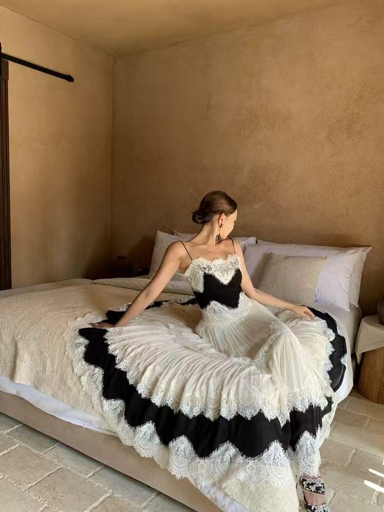 Black & White Lace Tiered Spaghetti Strap Maxi Dress