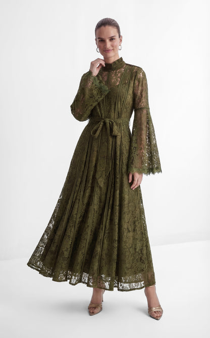 Olive Green Floral Lace High Neck Bell Sleeve Self-Tie Waist Maxi Dress