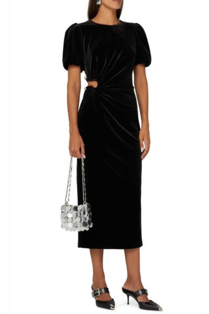pleated velvet cut-out midi dress in black