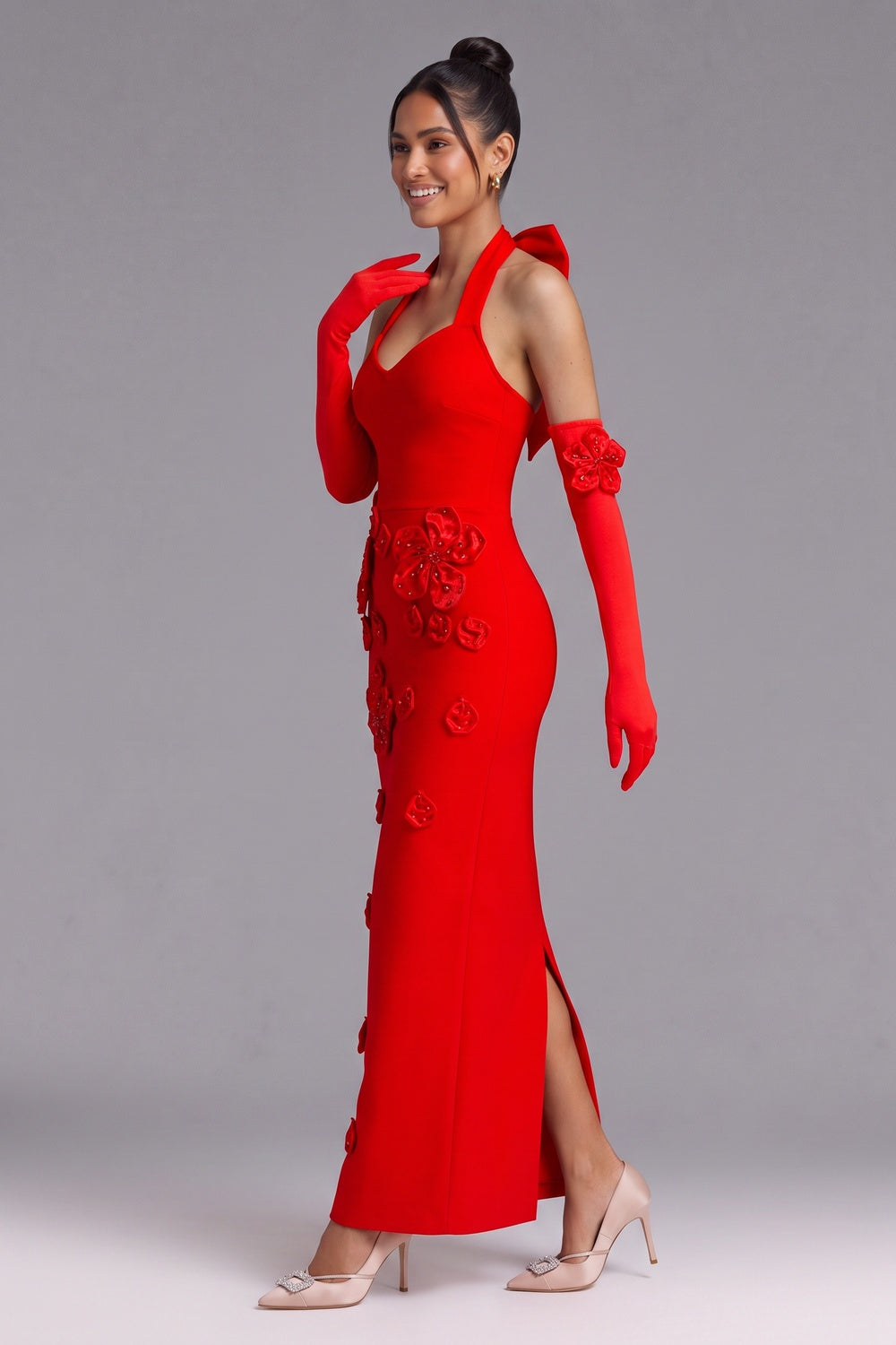 Red Halter Neck Floor-Length Gown with 3D Floral Embellishments Premium Fabric - product view 1