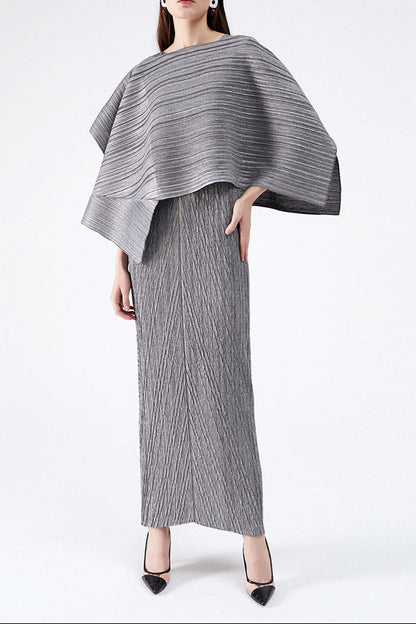 maureen pleated midi dress with cape in gray set