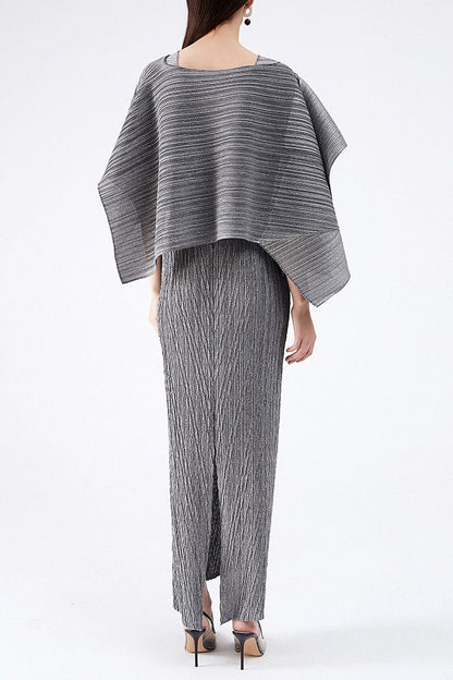 maureen pleated midi dress with cape in gray set