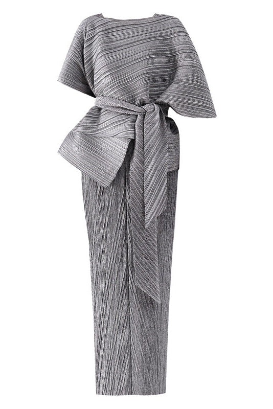 maureen pleated midi dress with cape in gray set
