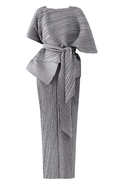 maureen pleated midi dress with cape in gray set
