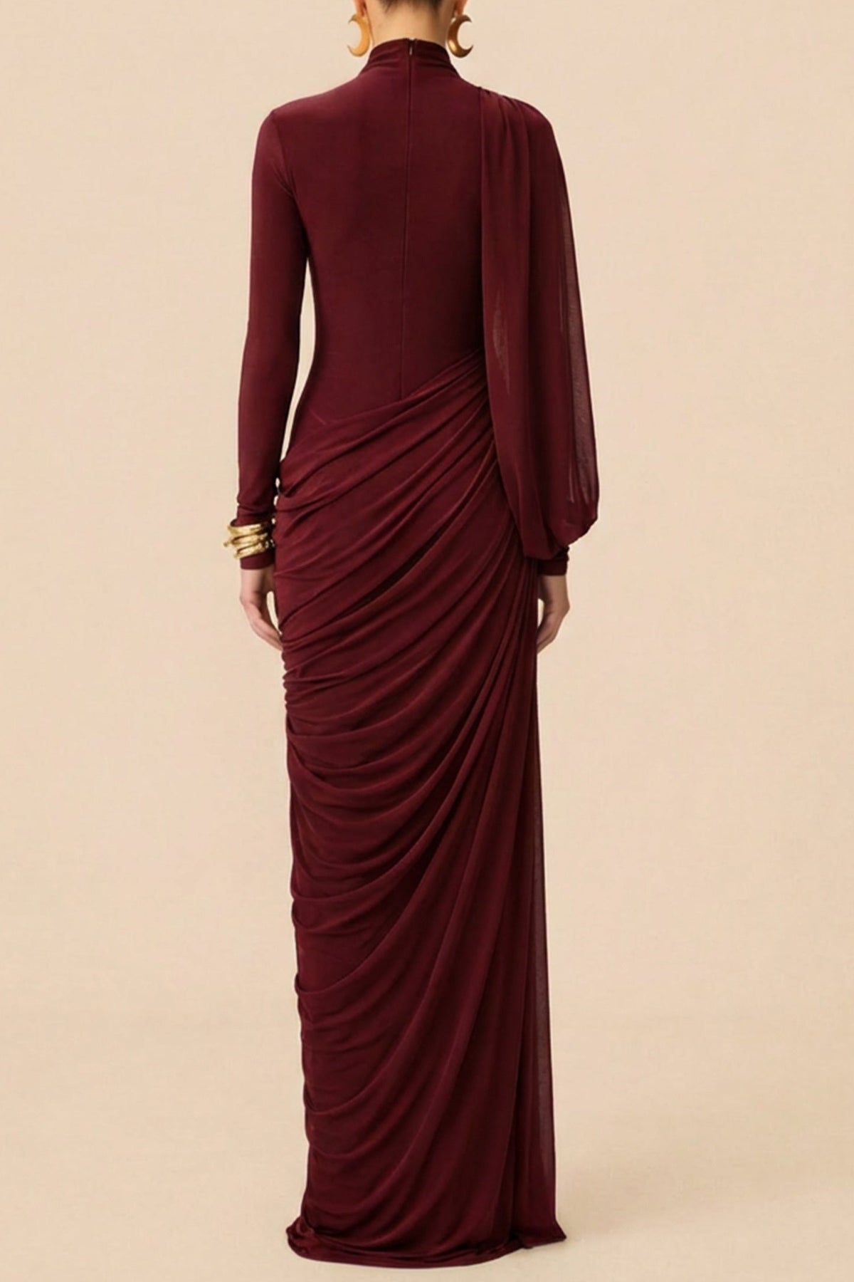 liz High Neck Asymmetric Drape ruched Maxi Dress in burgundy