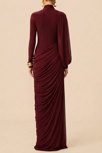 liz High Neck Asymmetric Drape ruched Maxi Dress in burgundy