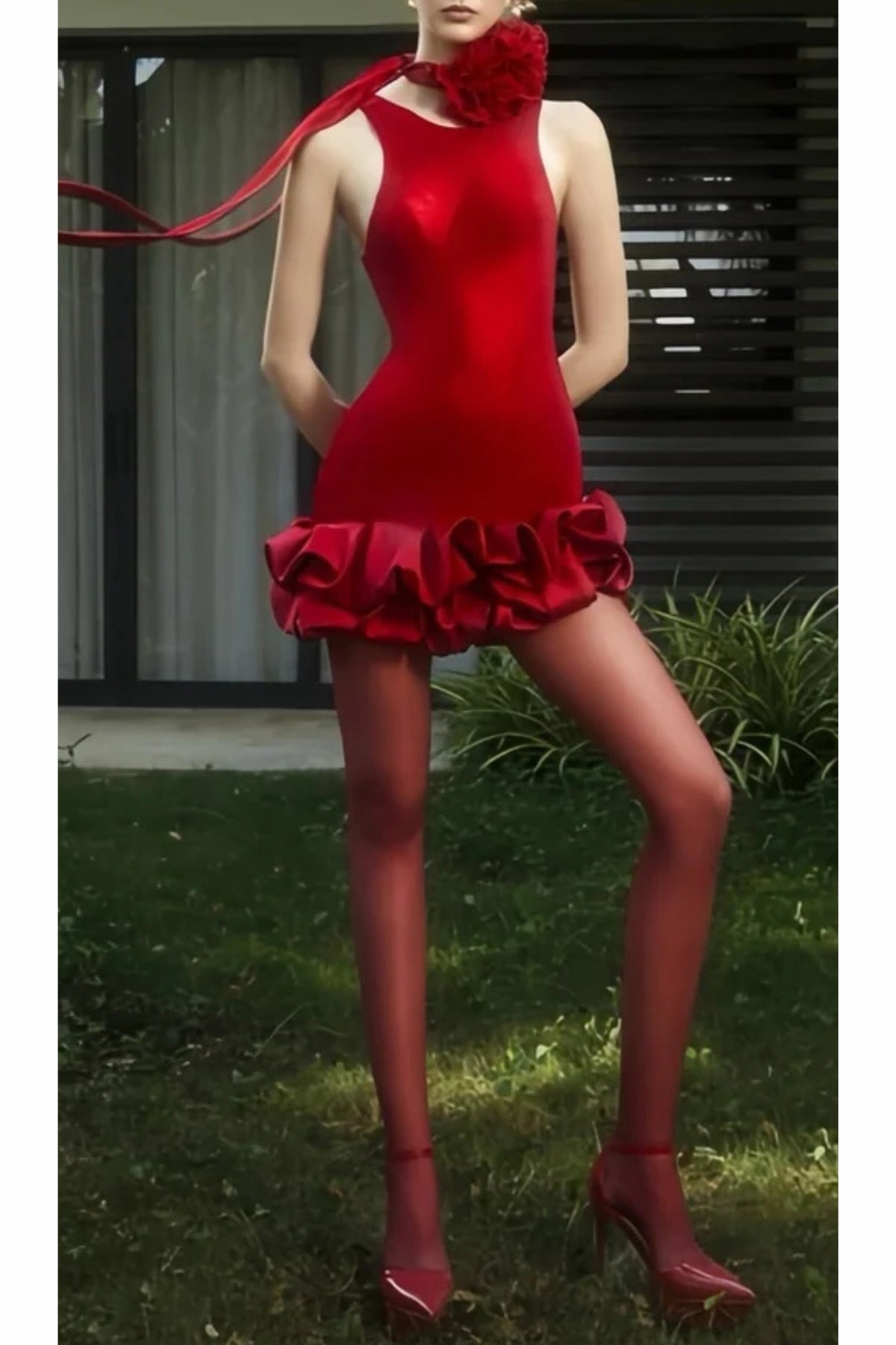 flower trim sleeveless mini dress in red
