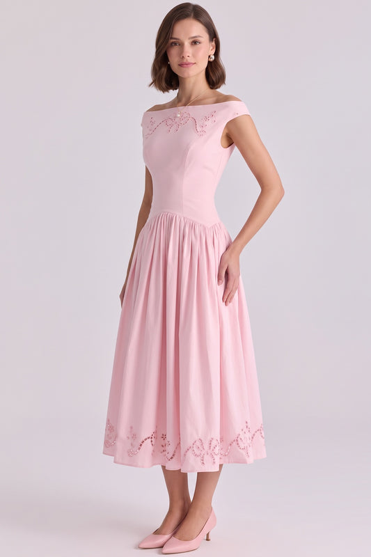 Light Pink Fit-and-Flare Midi Dress with Eyelet Embroidery light pink structured cotton poplin dress - product view 2