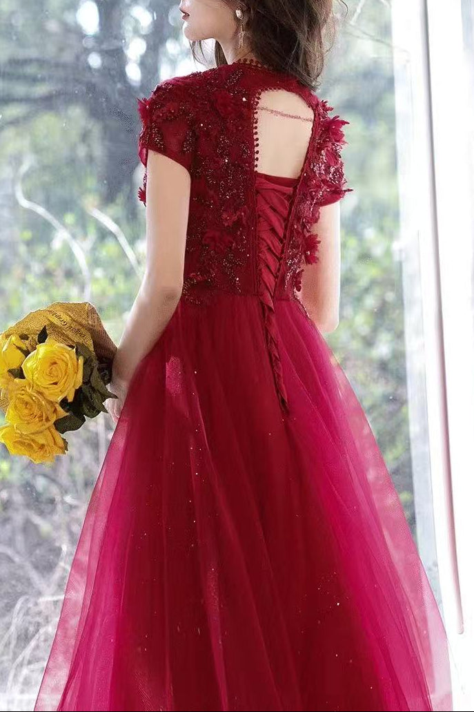 3D Floral Lace Short Sleeve Tulle Floor-Length Evening Gown