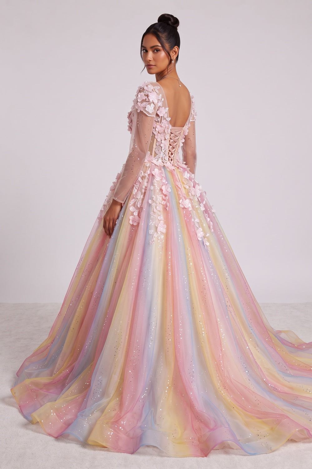 Pastel Gradient Tulle Ballgown Gown with 3D Floral Appliques pastel pink, pastel yellow, pastel blue, pastel purple tulle gown - product view 2