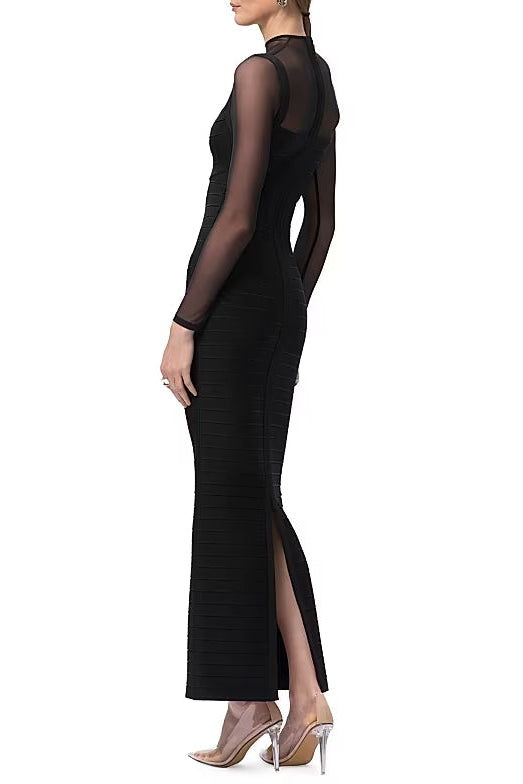 tina black long-sleeve mesh see-through bandage maxi dress