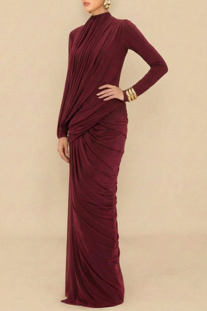 liz High Neck Asymmetric Drape ruched Maxi Dress in burgundy