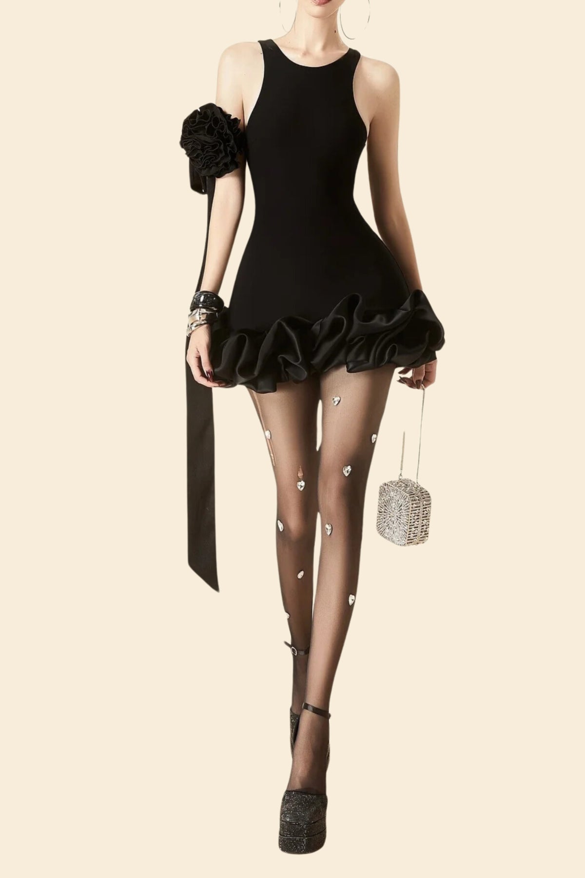 flower trim sleeveless mini dress in black