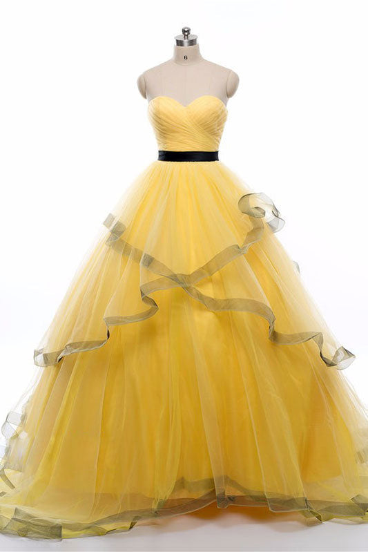 Yellow sweetheart tulle maxi prom dress