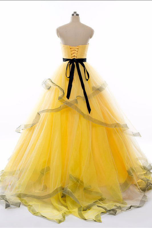 Yellow sweetheart tulle maxi prom dress