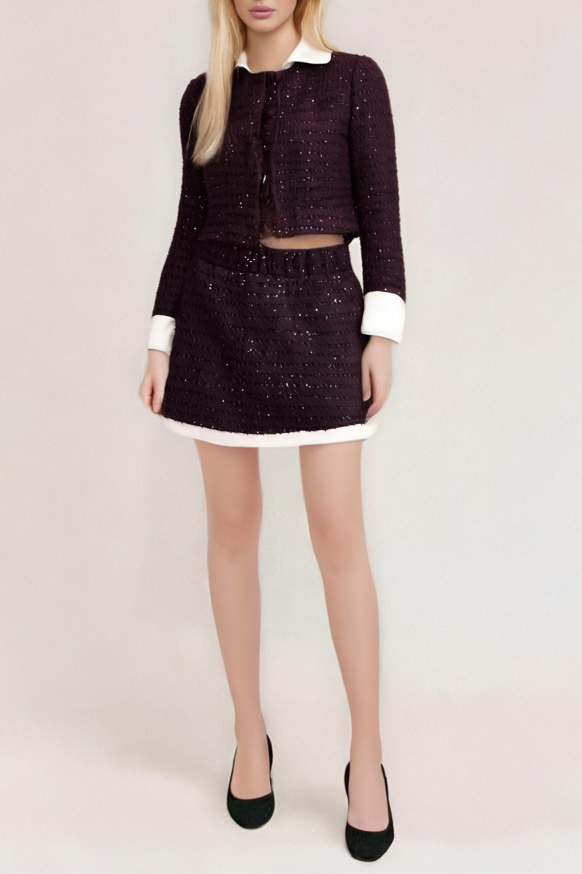 Brigitte purple sequined tweed jacket & skirt matching set