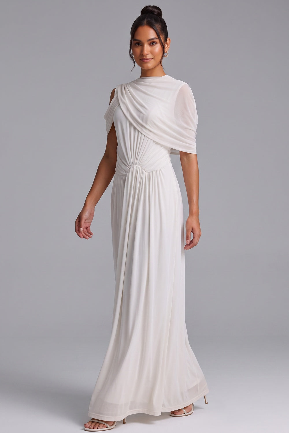 White Draped Maxi Dress with Cold Shoulder Detail Premium Fabric - product view 1